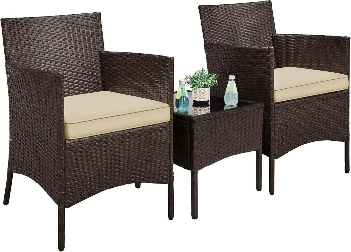 3 Pieces Patio Porch Furniture Set Outdoor PE Rattan Wicker Conversation Set with Soft Cushions Glass Coffee Table 2 Chairs for