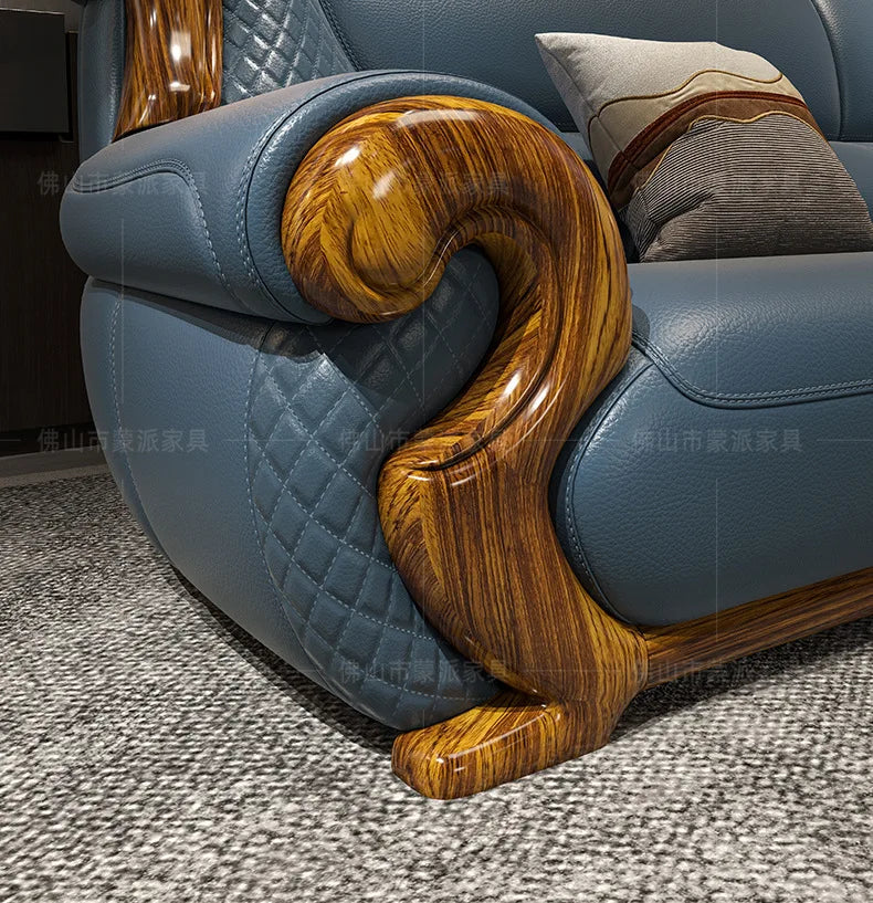 New Chinese ebony leather sofa combination first layer cowhide high-end villa living room modern solid wood sofa furniture