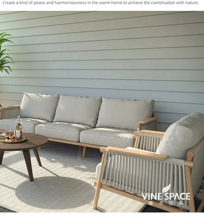 Outdoor sofa courtyard open-air garden villa waterproof and sunscreen leisure rope braided teak outdoor bed and breakfast sofa