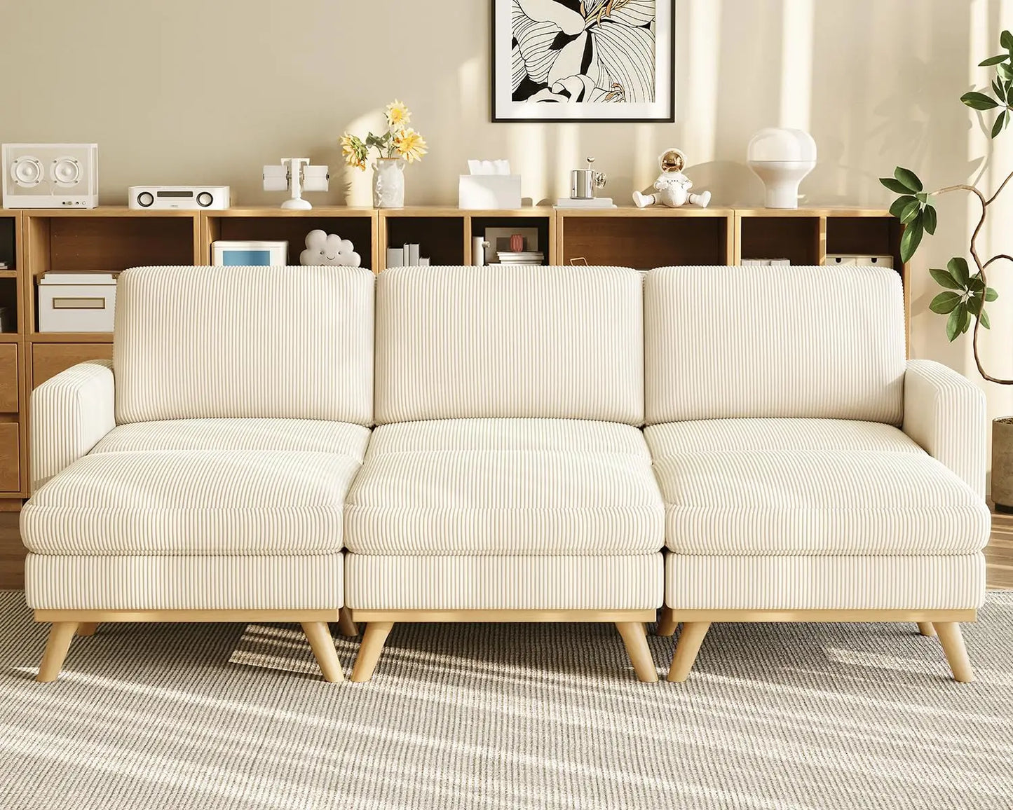 97" L-Shape Modular Sofa, 3-Seat Corduroy Couch with Movable Ottoman, Sectional Sofa for Living Room, Green, Customized