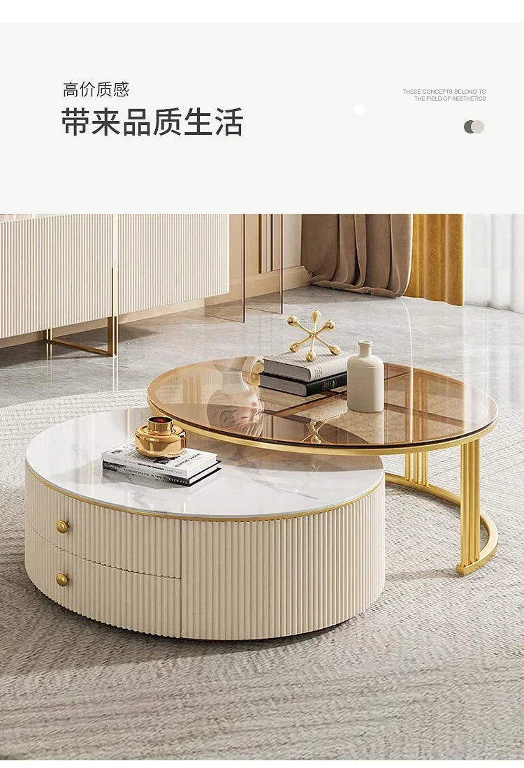 a163  round Glass Stone Plate Coffee Table Modern Minimalist Living Room Home Retractable Size Combination