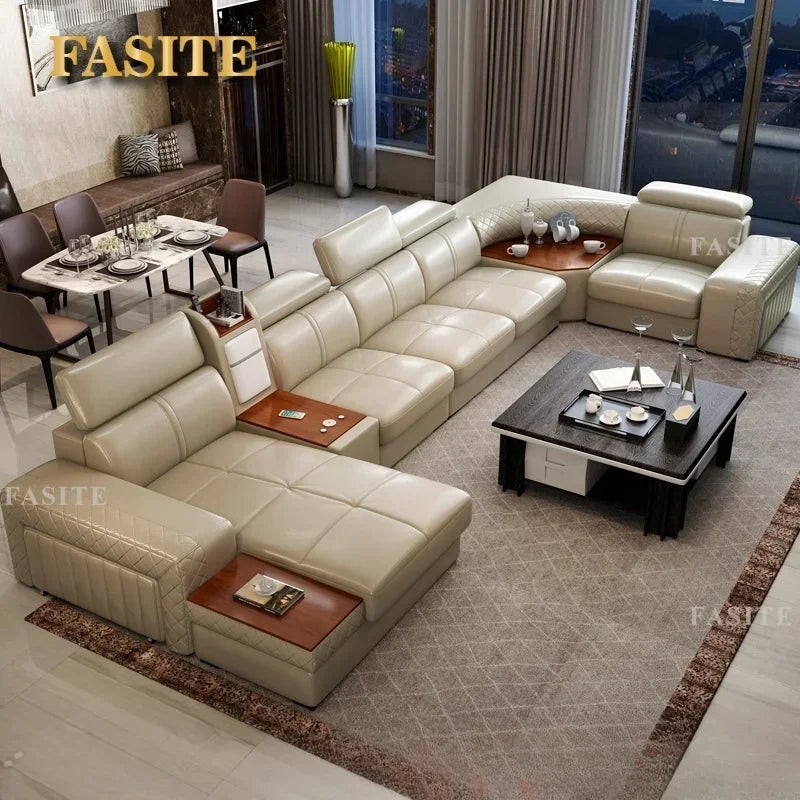 Italian Leather Couch With Heating Seat Cold Fridge Genuine Leather Sofa With Headrests USB, Stools And Storage Easy to clean