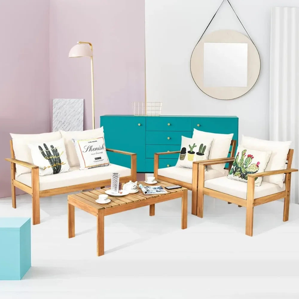 Curated outdoor 4-piece acacia wood chat set, 4 seater acacia wood conversation sofa and table set with water resistant cushions