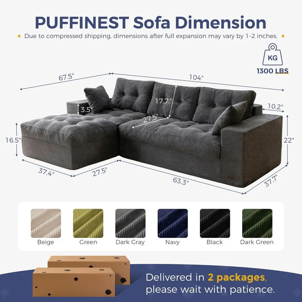 104" L-Shaped Modular Sectional Sofa with Ottoman & Cloud Cushions