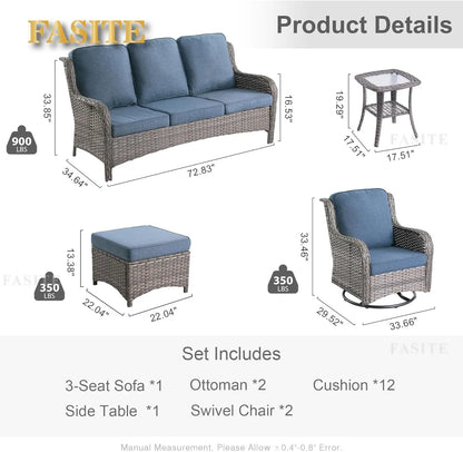 50,000 BTU Rectangular Propane Fire Pit Table 7-Piece High-Back Conversation Sofa and Matching Side Table,Grey Rattan Denim Blue