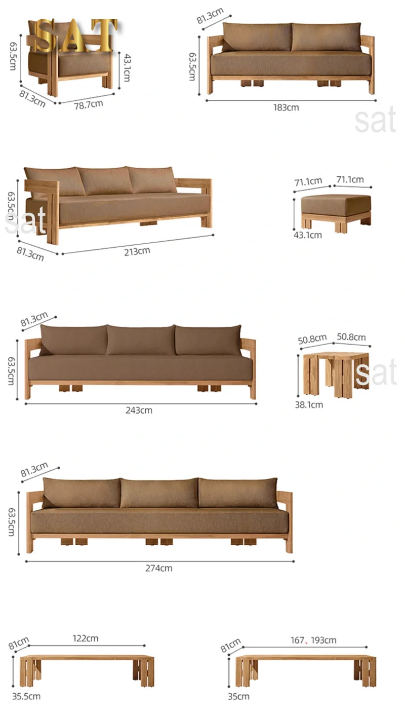 nvModern Luxury Teak Waterproof Outdoor Sofa with Cushions Customized Color for Patio Courtyard Apartment&Hotel Living Rooms&