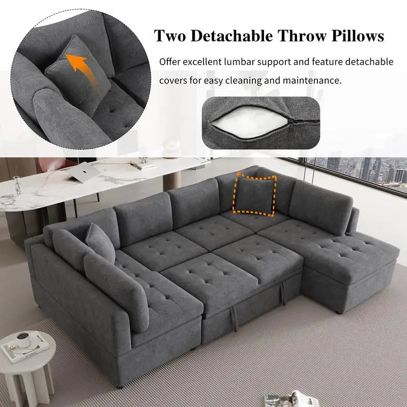 117.3" U-Shaped Oversized Sectional Sofa Couch with Pull-out Bed & 2 Pillows for Living Room, Gray Color