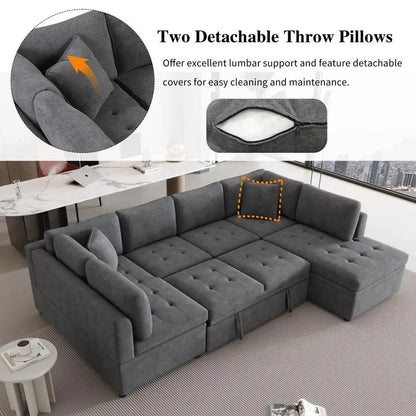 117.3" U-Shaped Oversized Sectional Sofa Couch with Pull-out Bed & 2 Pillows for Living Room, Gray Color
