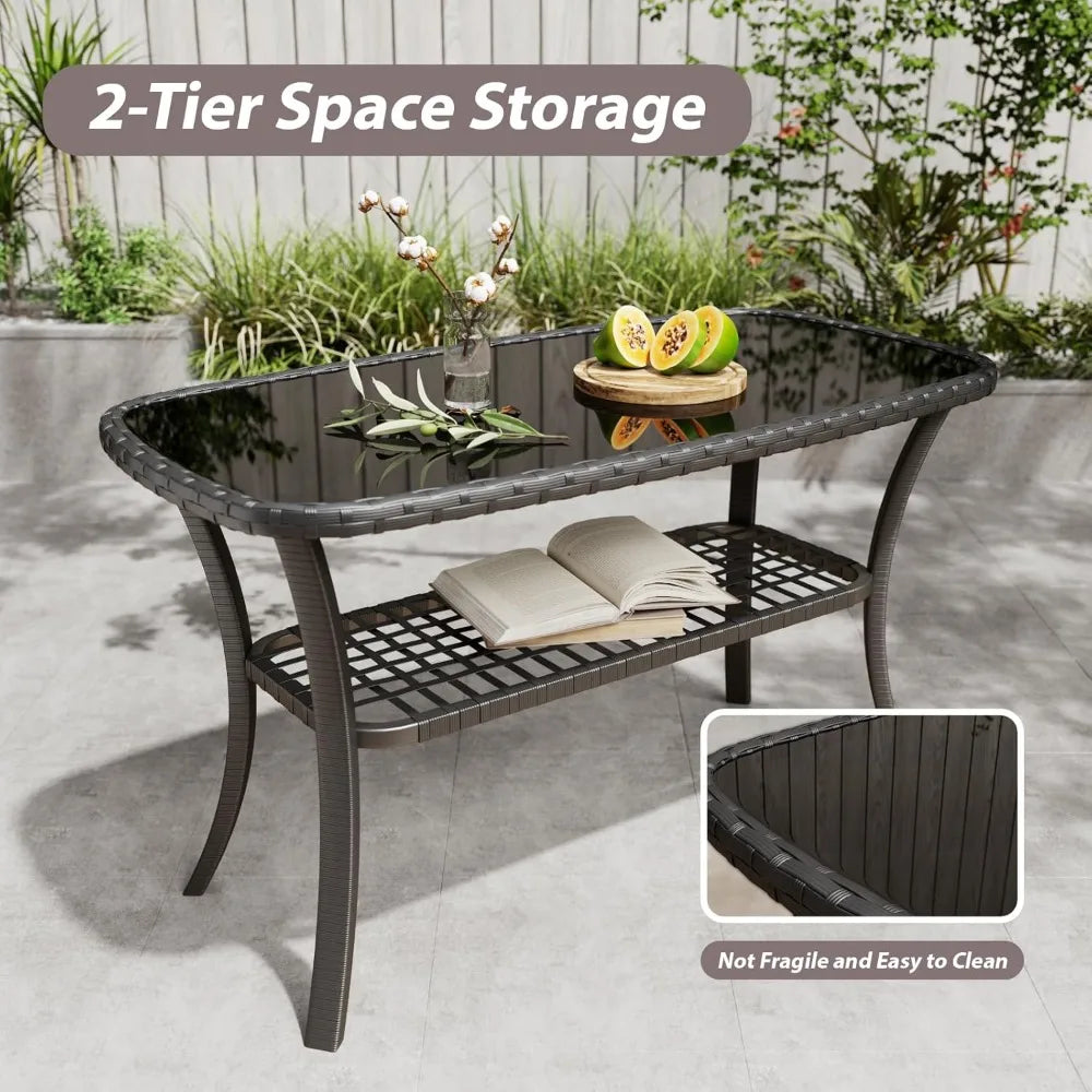 4-Piece Rattan Patio Sofa Furniture Set with Two-Tier Coffee Table, Weather-Resistant Upholstered Couch, Openwork Wicker Convers