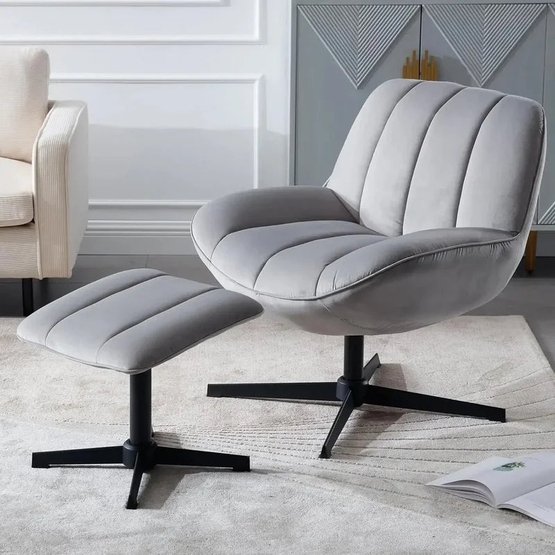 Modern Faux Fur Accent Chair with Ottoman, Lounge Armchair with Footrest and Sturdy Base for Living Room