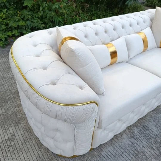Home Luxury White Velvet Love Seat Three Seats Tufted Living Room Sofa Gold Stainless Steel Decoration