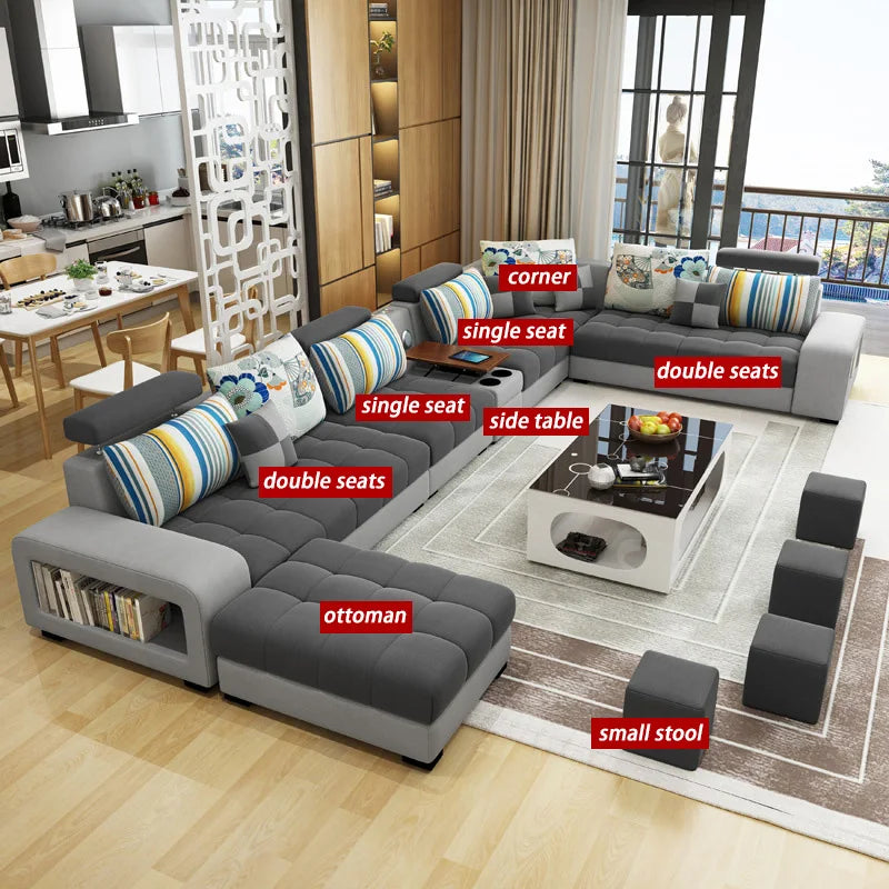 Light Luxury L-Shaped Sofa Set Living Room Furniture High Quality Big Sofa Set Modern Design Wooden Multifunctional Sofa