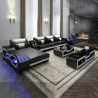Modern LED Lighted Sofa Set with Recliner, Adjustable Headrest & Console | Luxury Leather Sectional Couch | Futuristic Furniture