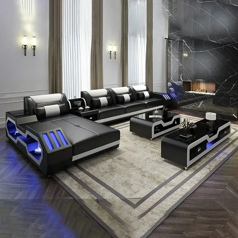 Modern LED Lighted Sofa Set with Recliner, Adjustable Headrest & Console | Luxury Leather Sectional Couch | Futuristic Furniture