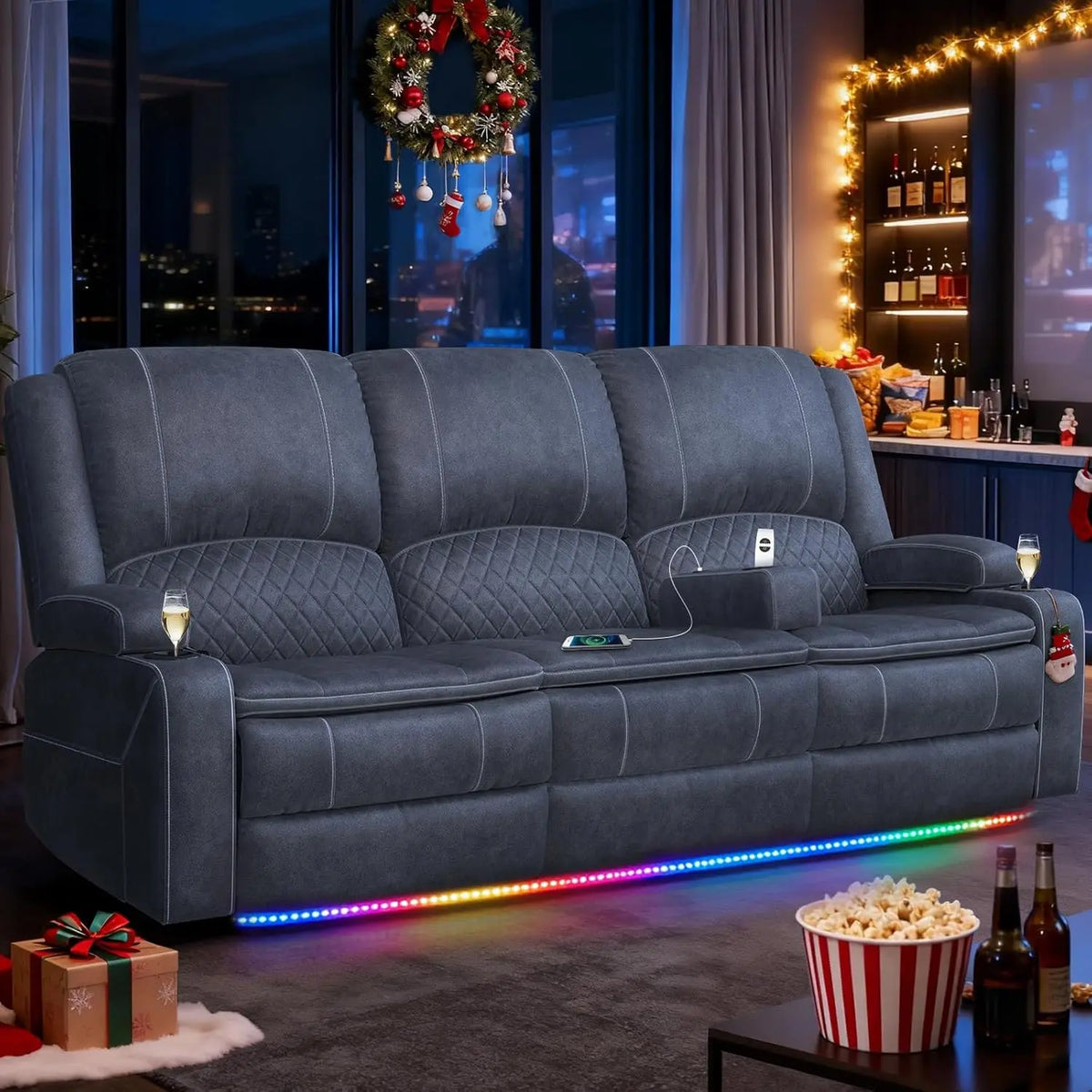 3 Seat Recliner Sofa with Console, Armrest, PU Leather, Cup Holders, USB Ports, Living Room/RV, Customized