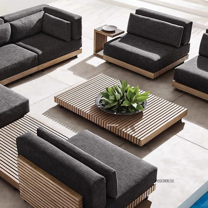 Nordic Solid Wood Villa Set Patio Outdoor Sofas Waterproof Sun Protection Balcony Leisure Recliner Light Luxury Garden Furniture
