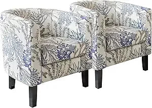 Living Room Chairs Set of 2, Faux Leather Round Accent Barrel Chairs, Club Tub Sofa Chairs for Bedroom, Corner Chairs with Flar