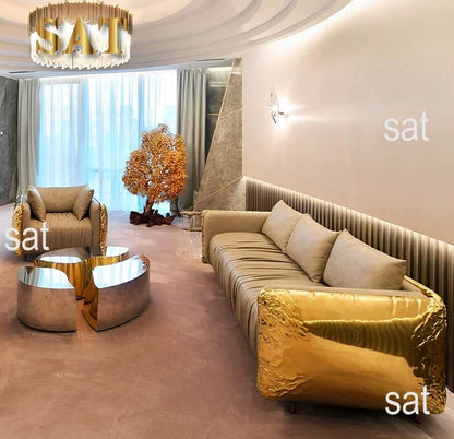 mz-Luxury Furniture Italian High-end Luxury Gold Stainless Steel Pattern Sofa Couch Living Room Sofa for Villa~