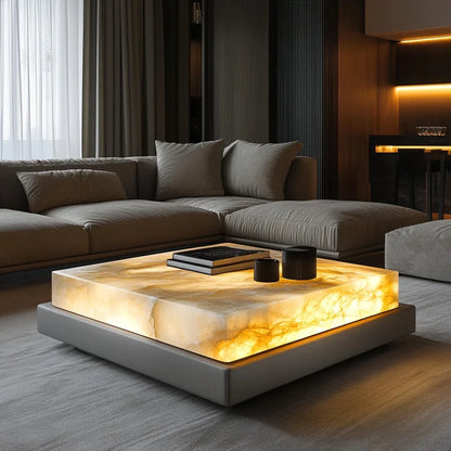 Square luxury stone leather luminous jade coffee table large flat-floor villa living room modern marble