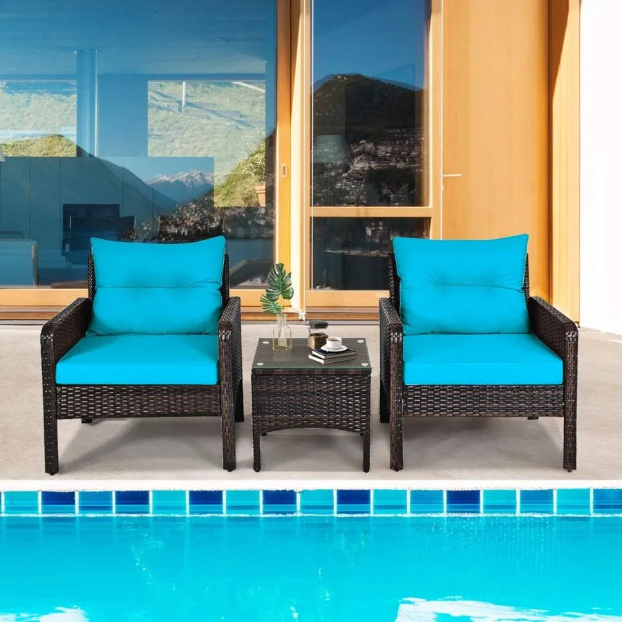 3PCS Patio Furniture Set Outdoor Wicker Cushioned Sofa Set with Coffee Table All Weather Rattan Conversation Set for Ga