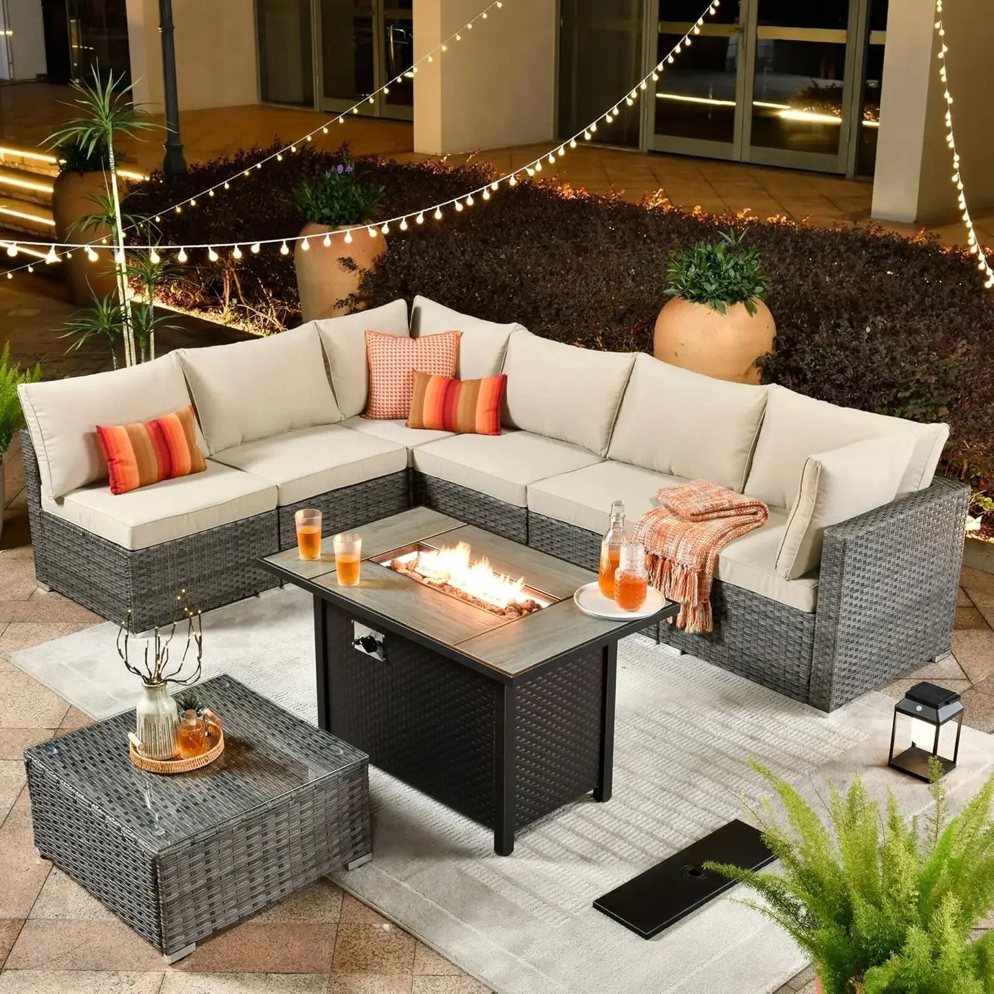 Outdoor Patio Furniture Set with Fire Pit Table,Conversation Sectional Wicker Couch with Modern Outside Sofa  for Balcony