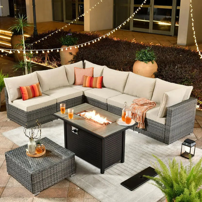 Outdoor Patio Furniture Set with Fire Pit Table,Conversation Sectional Wicker Couch with Modern Outside Sofa  for Balcony
