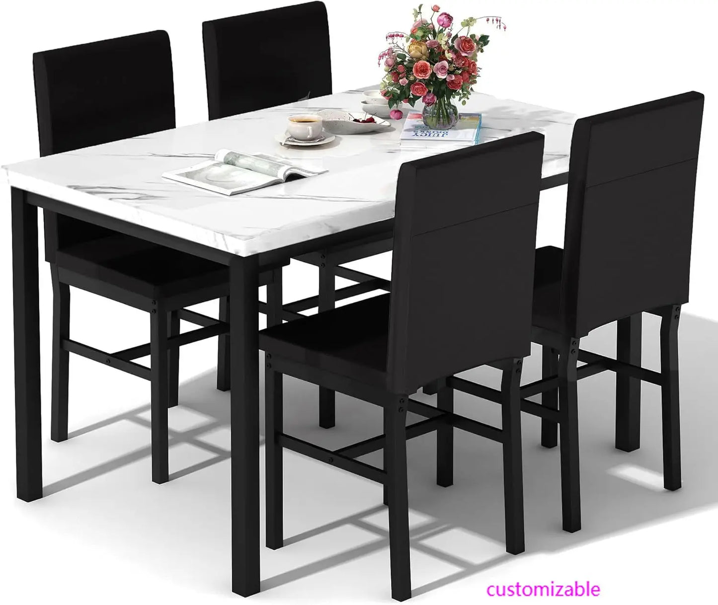 Dining Table Set for 4, Modern Kitchen & Dining Room Sets Faux Marble Table with 4 Leather Chairs for Small Space, Home Kitchen