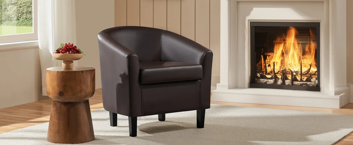 Leather Club Chair, Faux Leather Accent Chair, Modern Living Room Armchair with Wood Legs and Padded Seat for Bedroom Reception