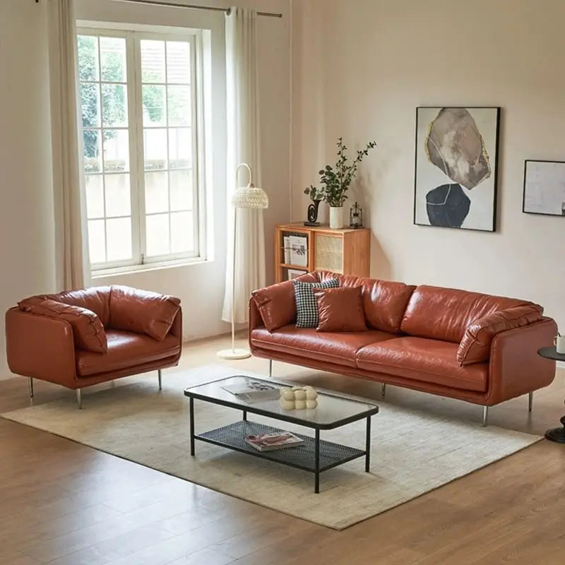 Retro oil wax leather living room sofa Modern simple small apartment sofa