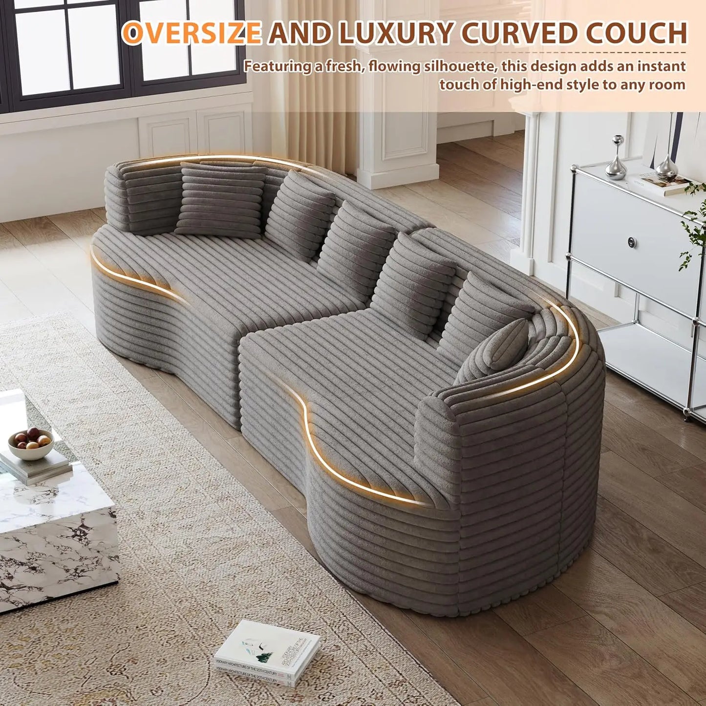 Oversized Curved Sectional Sofa, 106” Modern Boneless Modular 4-Seater Couch with 6 Pillows Corduroy Deep Seat Sofas, Custom
