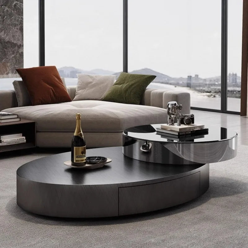 Italian Luxury Oval Coffee Tables Modern Minimalist Rotatable Center Coffee Table Set Stainless Steel Living Room Furniture FYCT