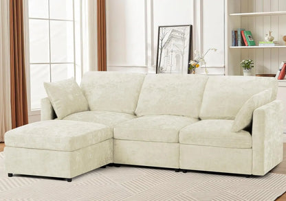 110” Chenille 4 Seater Sofa W/Movable Ottomans, Modern Fabric U-Shaped Couch w/Soft Backrests, Upholstered Sectional Sofa w/Arm