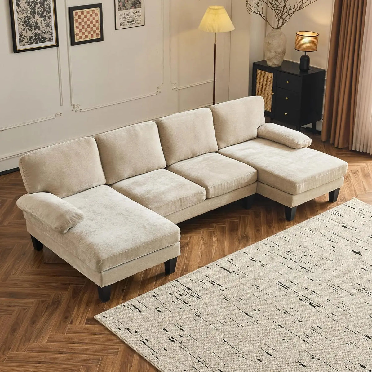 Living Room Sectional Sofa, U Shaped Sofa with Double Chaise Longue