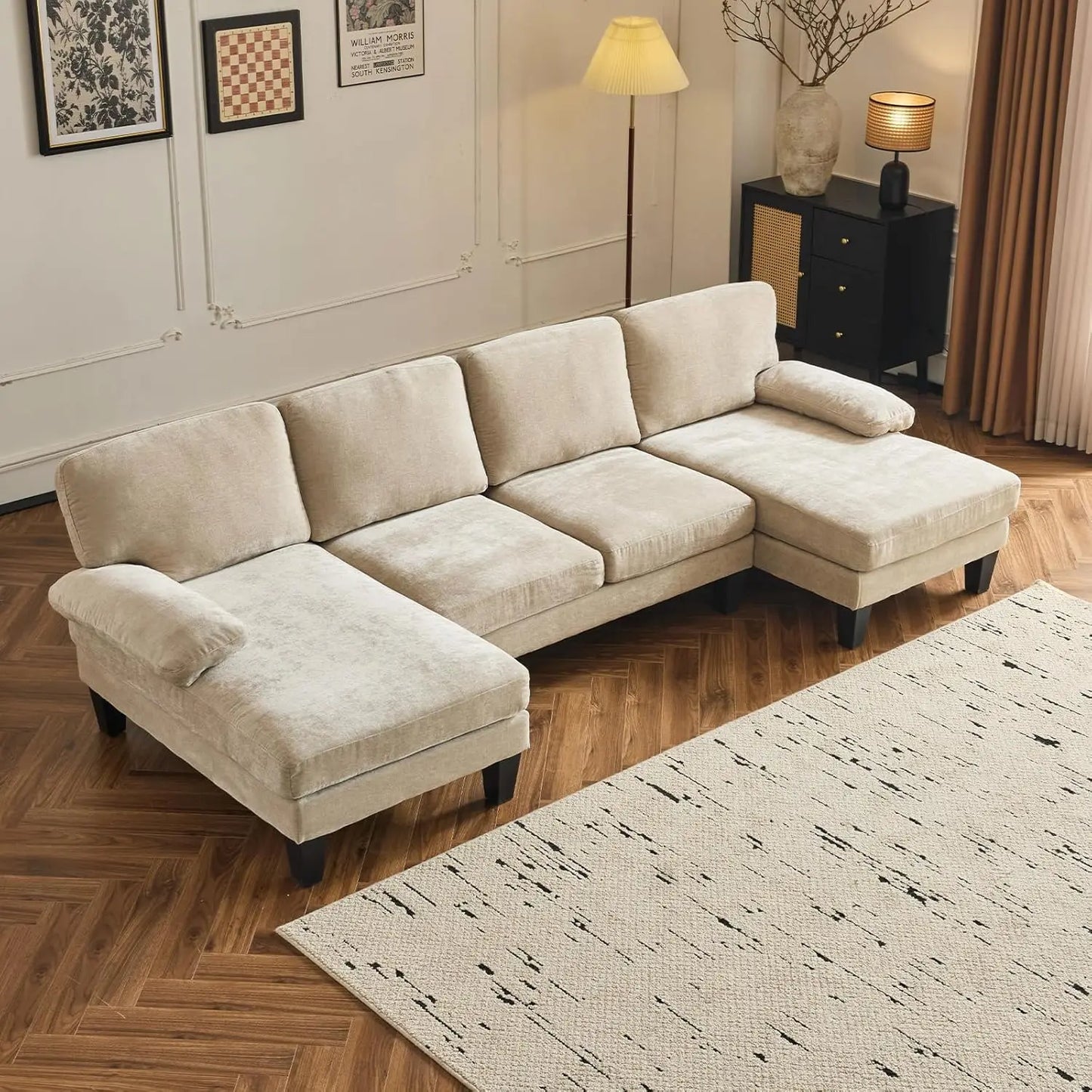 Living Room Sectional Sofa, U Shaped Sofa with Double Chaise Longue
