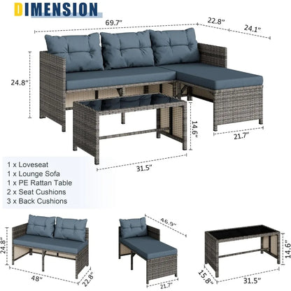 3-Piece All-Weather Patio Furniture Set with Cushions and Glass Table, Blue Outdoor Sofa for Garden