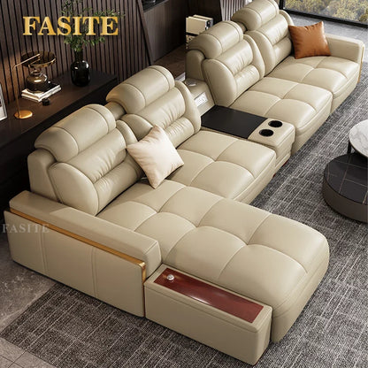 Premium  Italian Genuine Leather Sectional Sofa Sets Couch Sofas with USB and Bluetooth Speaker
