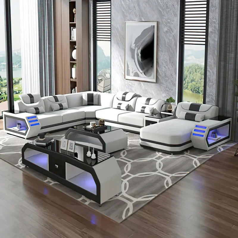 Modern Living Room Sofa Set Genuine Leather Sofas with USB Music Speaker