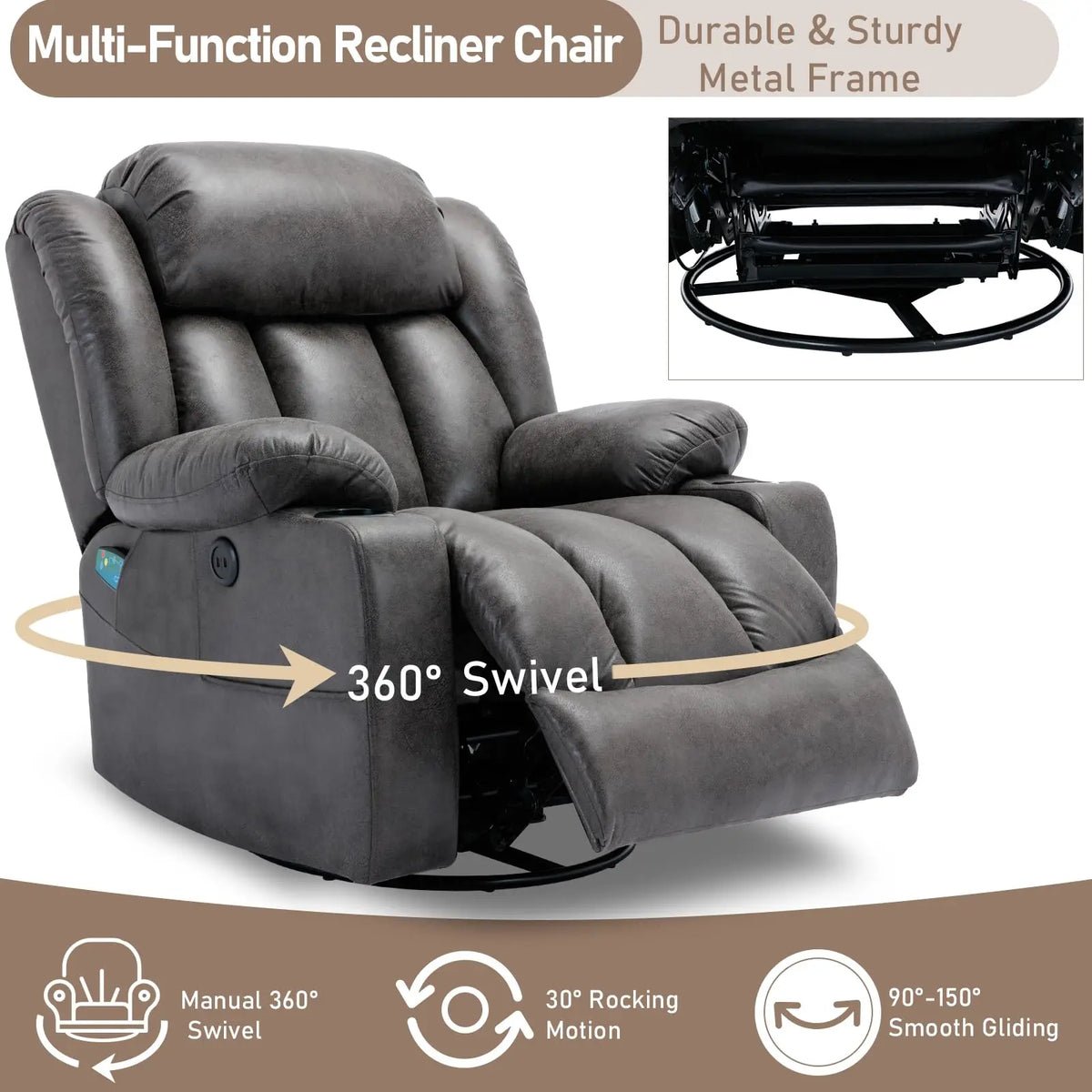 360° Swivel Rocker Recliner Chair with Heat and Massage, Manual Glider Rocking Reclining Chair, Swivel Overstuffed