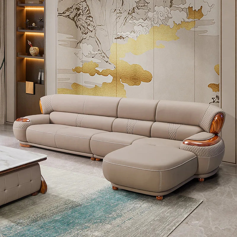 Modern new Chinese ebony leather sofa high-end villa solid wood first layer cowhide European living room luxury furniture