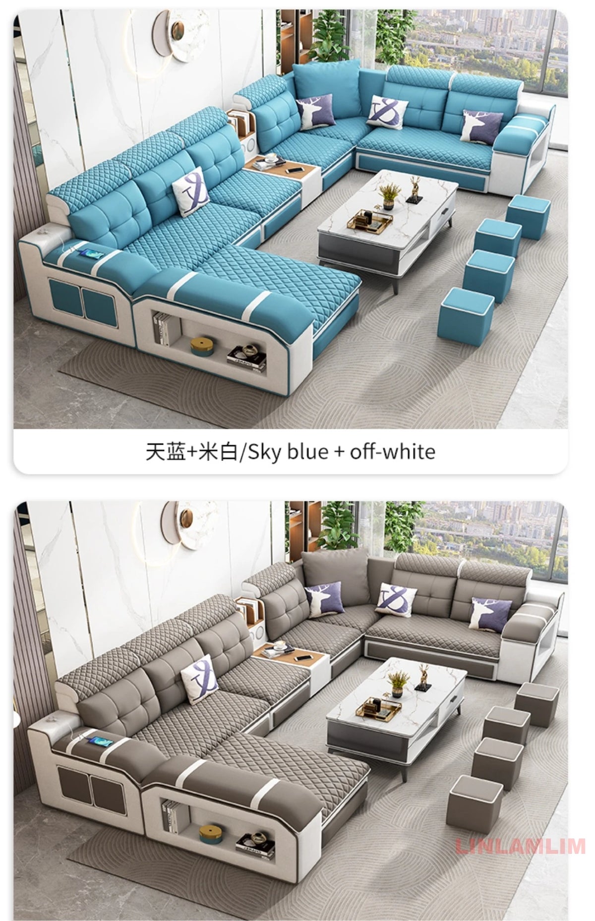 MANBAS Modern U-Shaped Fabric Sectional Sofa with Storage, Adjustable Headrests & USB Charging - Comfortable Quilted Upholstery