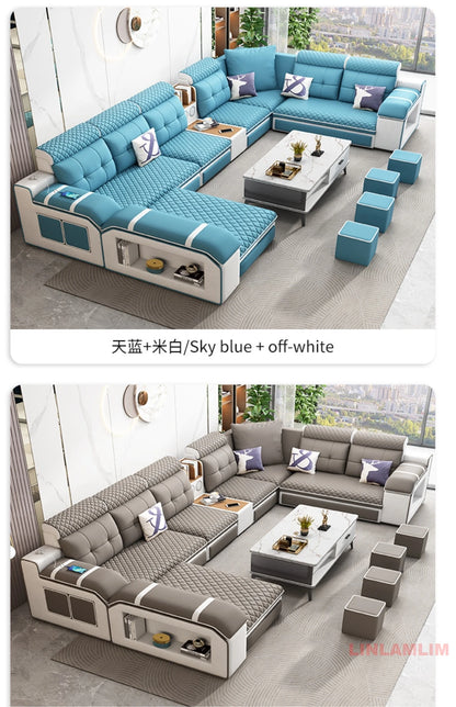 MANBAS Modern U-Shaped Fabric Sectional Sofa with Storage, Adjustable Headrests & USB Charging - Comfortable Quilted Upholstery