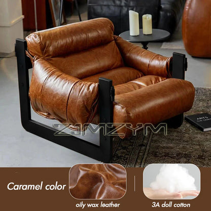 Oil Wax Leather Single Chair Casual Home Sofa Lounge Chairs, Retro Removable Washable Sofa All Solid Metal Base