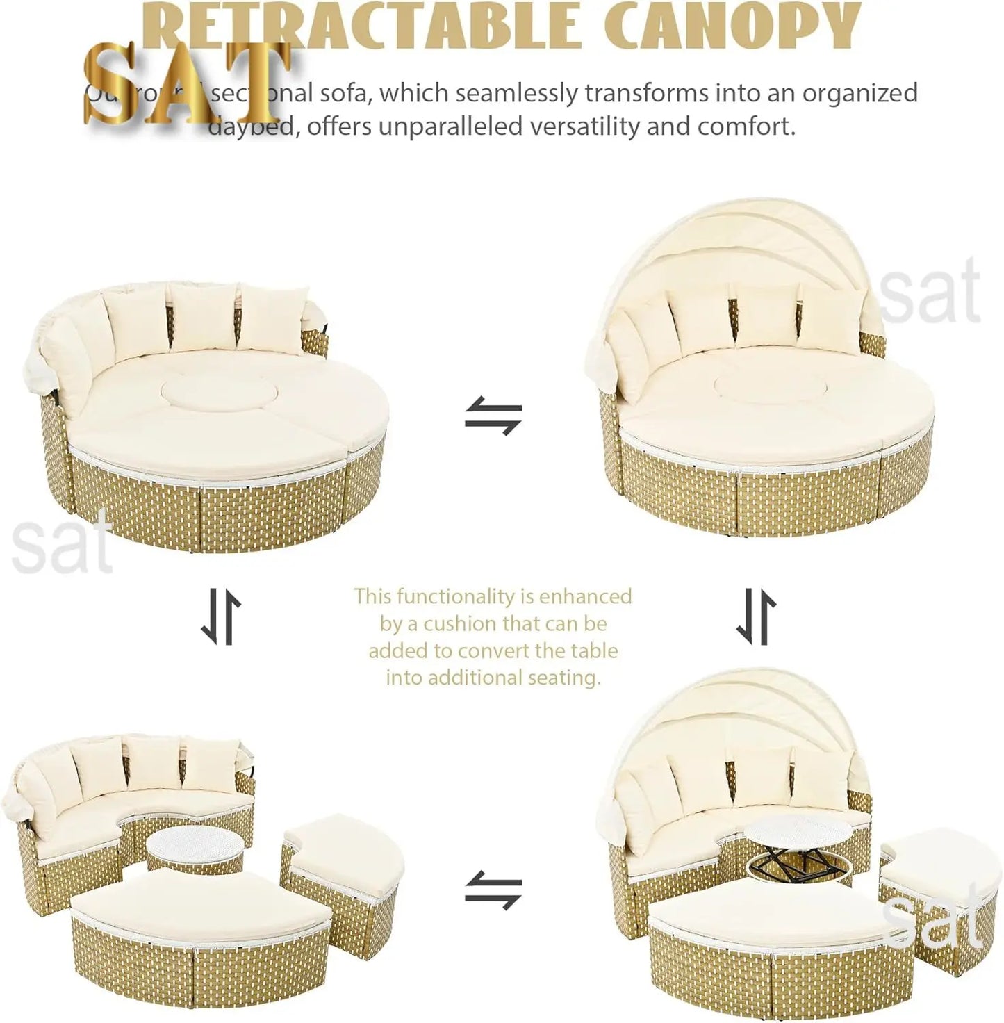 %a Patio Rattan Sunbed with Retractable Canopy, Round Outdoor Sectional Sofa Set with Separate Seating,liftable Table and Remov