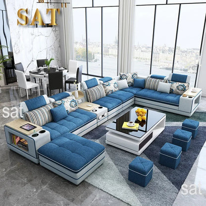 -Modern luxury premium genuine leather fabric wedding sectionals sofa couch set U shape sofas couchs bed living room furniture