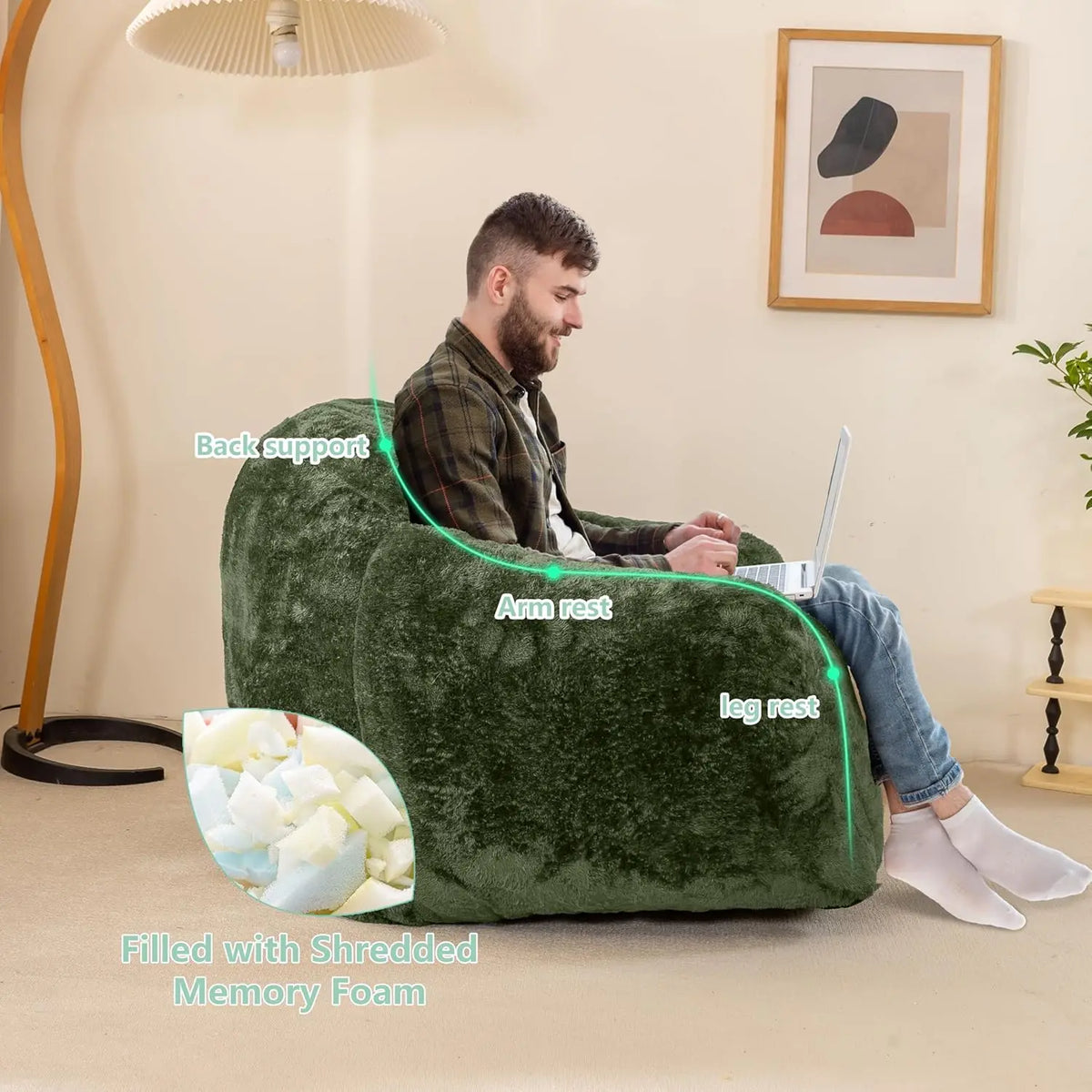 Bean Bag Sofa Chair for Adults, Beanbag Couch for Reading, Gaming, Relaxing, Soft and Durable Cover Lazy Sofa, Dark Green