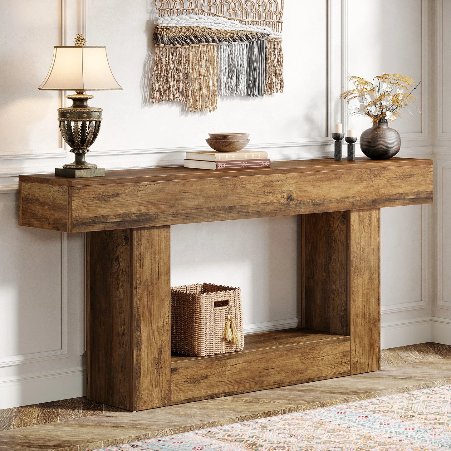 Rustic 2-Tier 63 Console Table with Storage for Entryway, Living Room, and Hallway in Brown & Gray