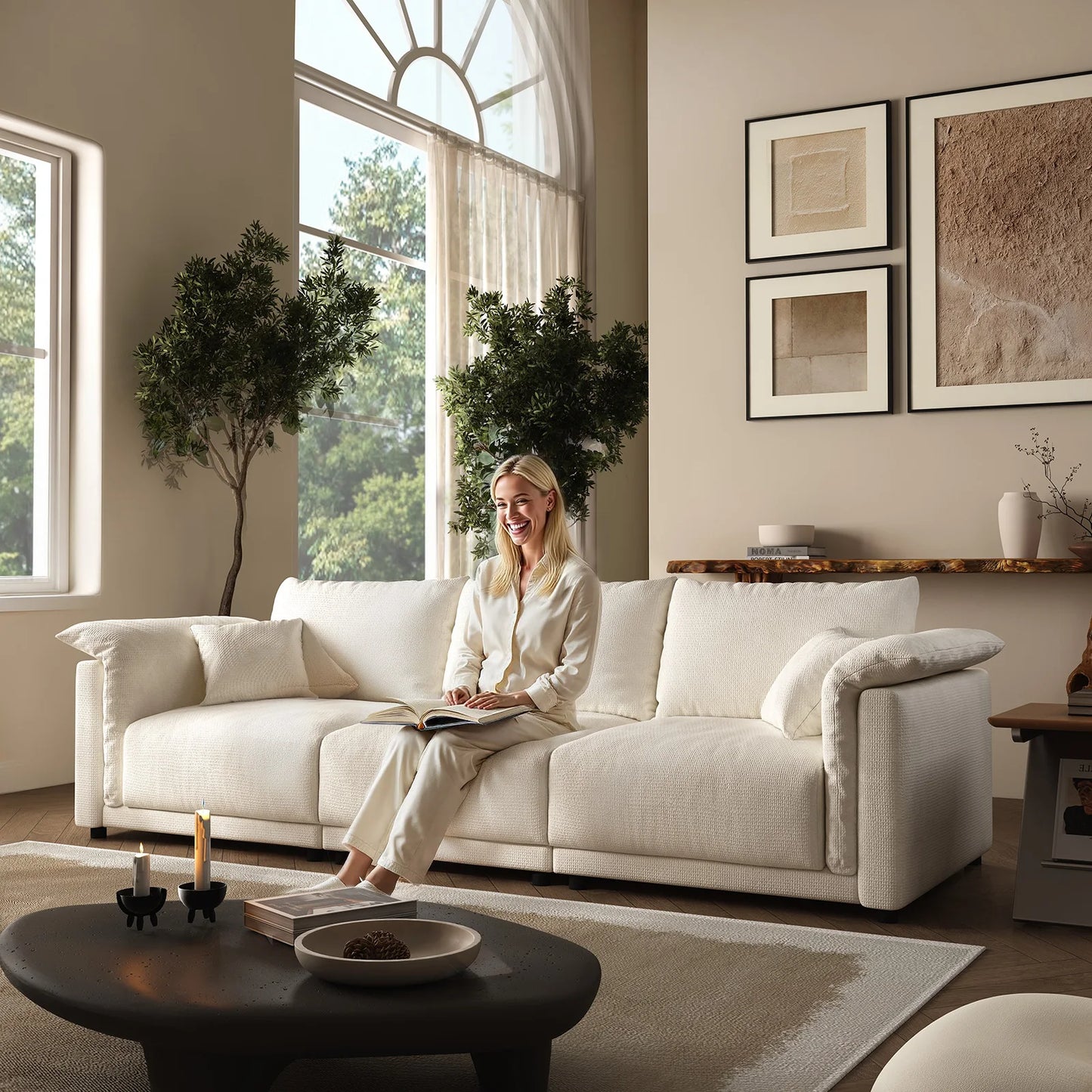 98.5" Cloud Modular Sectional Sofa Minimalist 3-Seats Sofa Couch Convertible Couch Deep Seat Couches for Living Room Sofa Sets