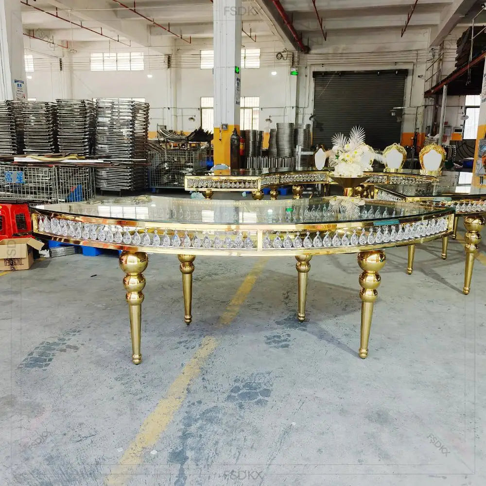 FSDKX Luxury S Shape Table for Wedding Glass Stainless Steel Circle Serpentine Table Wedding Crystals Hotel Banquet Dining Table