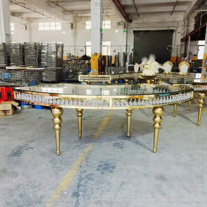 FSDKX Luxury S Shape Table for Wedding Glass Stainless Steel Circle Serpentine Table Wedding Crystals Hotel Banquet Dining Table