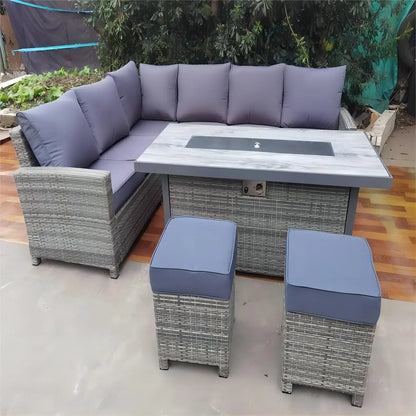 Outdoor Garden Gas Fire Pit Furniture Set Rattan Wicker Corner Dining Set With Big Fire Pit Burner Table In Europe For Grill